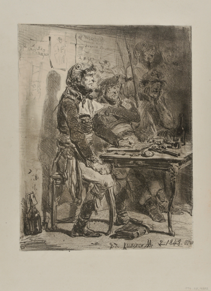 OFFICER SEATED AT A TABLE WITH PISTOL, WATCH AND WINE; SOLDIERS IN THE BACKGROUND.