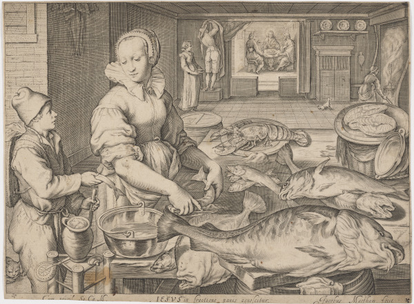 DUTCH WOMAN AT TABLE WITH FISH