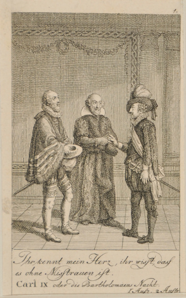 Plate 1 from Marie-Joseph Chénier’s “Bartholomäusnacht” for the “Göttinger Taschenkalender fur das Jahr 1791”