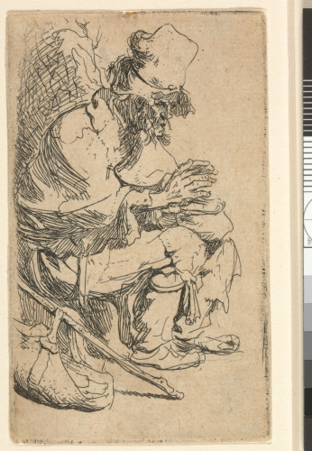 BEGGAR SEATED WARMING HIS HANDS AT A CHAFING DISH