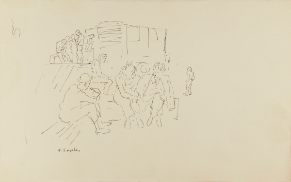 FIGURES SITTING WITH TRUCK IN BACKGROUND