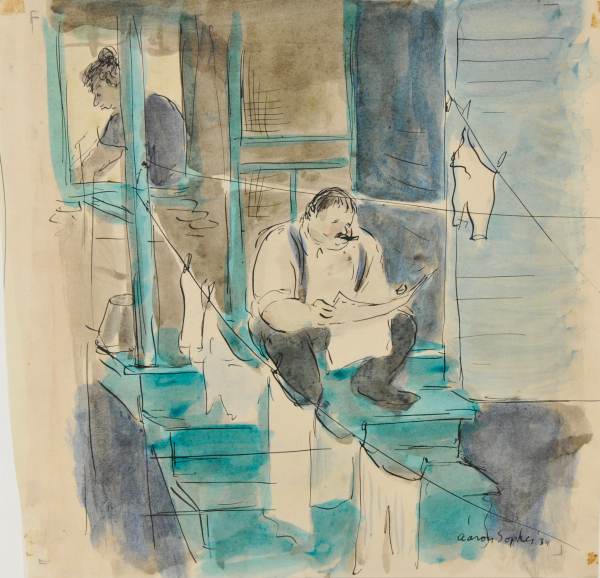 MAN SITTING ON STOOP READING THE PAPER