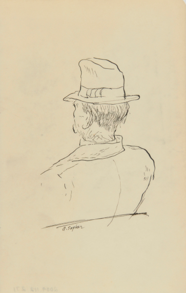 REAR VIEW OF SEATED MAN WITH A HAT
