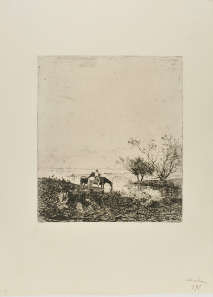RIVER LANDSCAPE WITH MAN WATERING HORSES