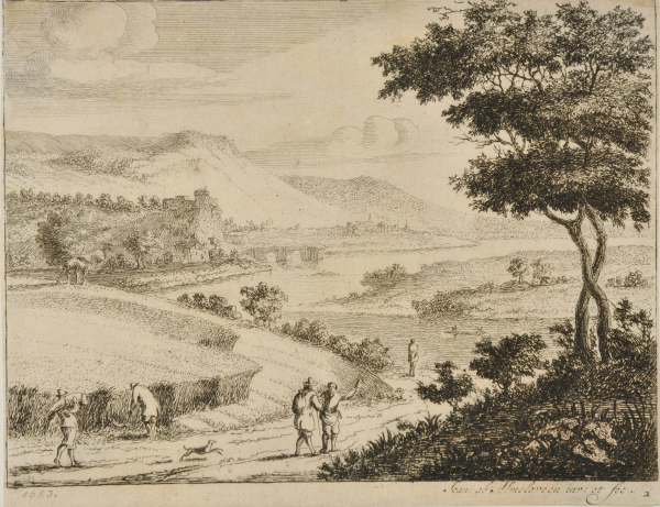 WHEAT FIELD BY A RIVER, WITH TWO REAPERS