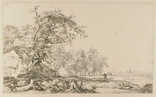 LANDSCAPE WITH LARGE TREE AND FARM BUILDING AT LEFT, WITH MAN DRIVING FLOCK OF SHEEP
