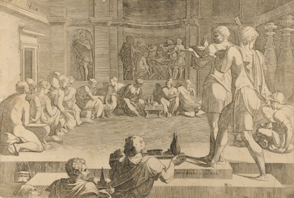 MEN AND WOMAN AT FEAST WITH SERVANTS BEARING THEM FOOD