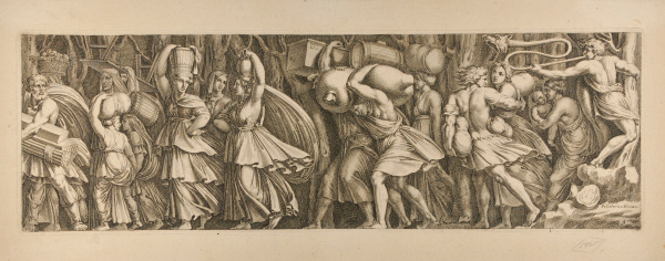 MEN AND WOMEN CARRYING CASKS AND BUNDLES