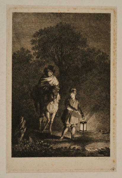 Man on Horseback and Boy - Night Scene