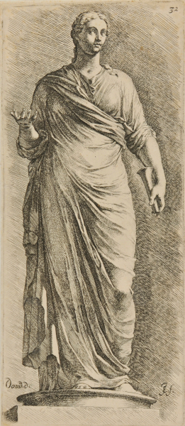 FEMALE FIGURE, WITH RIGHT HAND RAISED, FACING FRONT
