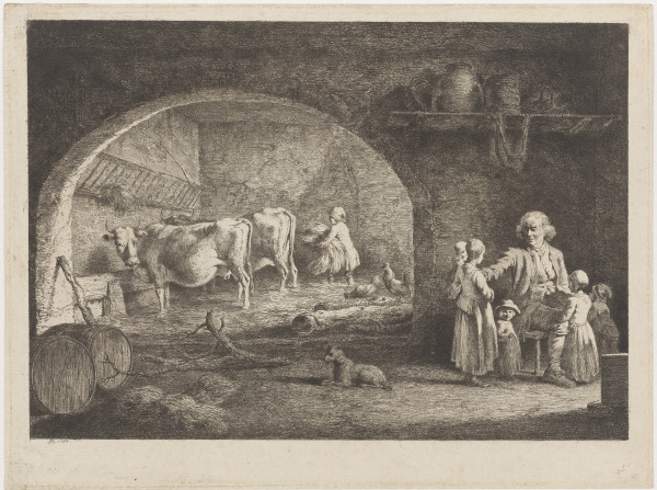 Interior of a Barn, with Old Man, Surrounded By Five Children