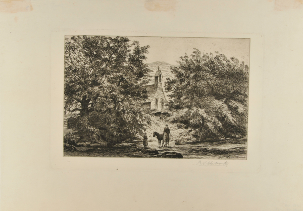 Landscape with Church; Man Watering Horses in Stream