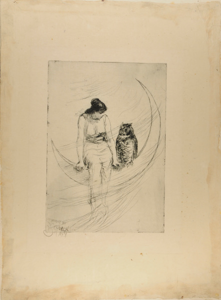 Girl and Owl on the Crescent Moon