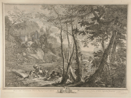 LANDSCAPE, WITH HUNTERS SPEARING BOAR IN FOREGROUND
