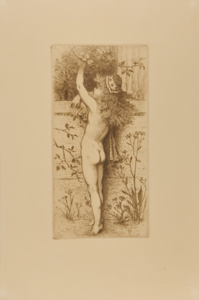 Small Nude Girl Picking Flowers over a Garden Wall