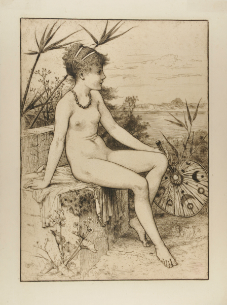 NUDE GIRL, HOLDING PALM LEAF FAN, SITTING ON STONE BENCH