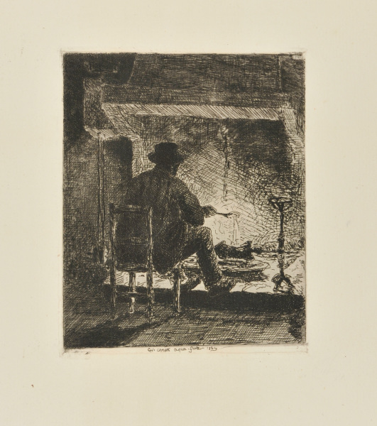 Man at a Fireplace Roasting a Fowl on a Spit