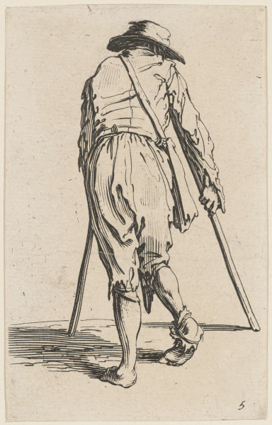 THE BEGGAR ON CRUTCHES, SEEN FROM THE BACK, WEARING A HAT