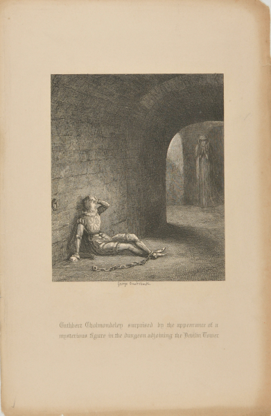 CUTHBERT CHOLMONDELEY SURPRISED BY THE APPEARANCE OF A MYSTERIOUS FIGURE IN THE DUNGEON ADJOINING THE DEVILIN TOWER