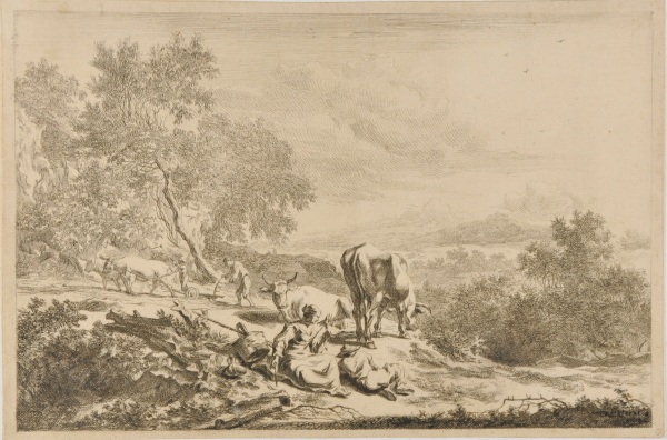 LANDSCAPE, WITH MAN PLOWING AT LEFT, AND WOMAN SPINNING IN FOREGROUND