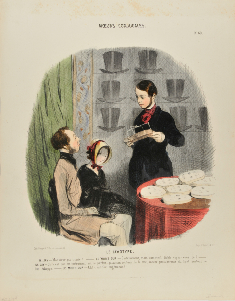 THE JAYOTYPE. - MR. JAY: THE GENTLEMAN IS MARRIED? - THE GENTLEMAN: CERTAINLY, BUT HOW THE DEVIL DID YOU KNOW THAT? - MR. JAY: OH, ITS THAT THIS INSTRUMENT IS PERFECT, THAT NO CURVE OF THE HEAD, NO BUMP ON THE FOREHEAD CAN ESCAPE IT. - THE GENTLEMAN: HOW INGENIOUS!