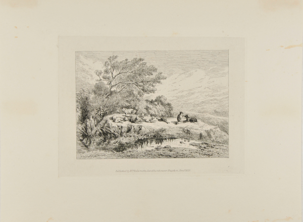 BOY AND DOG WITH SHEEP, RESTING BY A POND