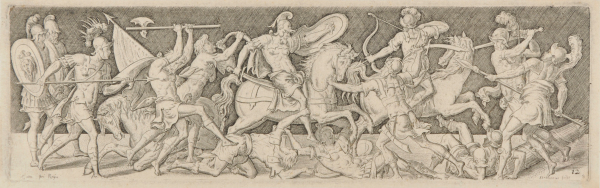 COMBAT BETWEEN MEN ON HORSEBACK AND SOLDIERS ON FOOT