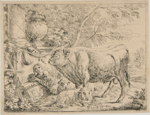 Landscape with Reclining Shepherd, a Bull and Two Sheep