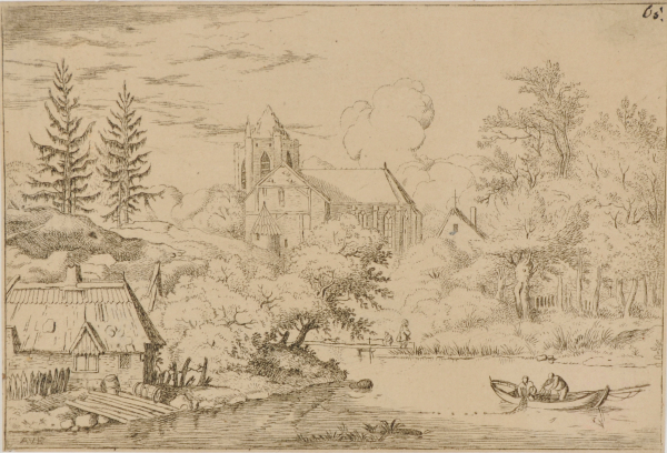 TWO FISHERMEN ON A RIVER NEAR A COTTAGE