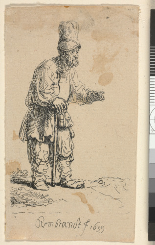 A PEASANT IN A HIGH CAP, STANDING AND LEANING ON A STICK