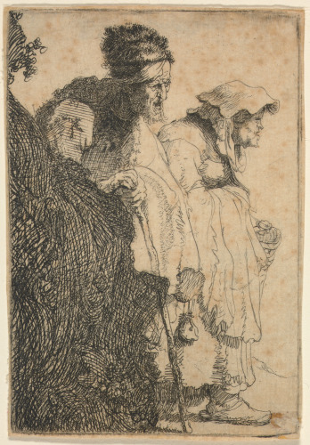 BEGGAR MAN AND WOMAN BEHIND A BANK