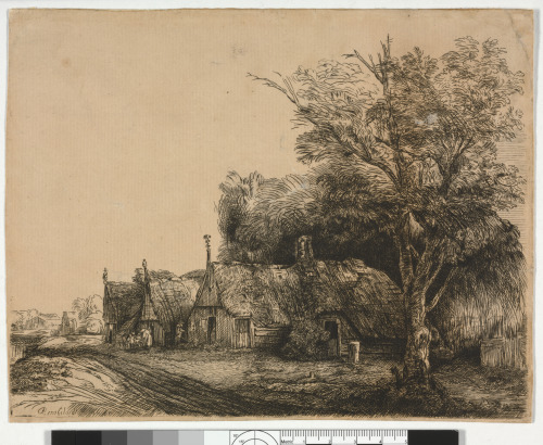 LANDSCAPE WITH THREE GABLED COTTAGES BESIDE A ROAD