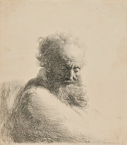 BUST OF AN OLD BEARDED MAN, LOOKING DOWN, THREE-QUARTERS RIGHT