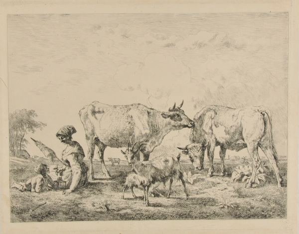 LANDSCAPE WITH TWO COWS AND TWO GOATS, GIRL AND LITTLE BOY AT LEFT