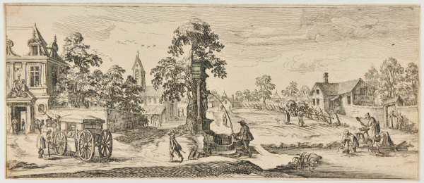 MAN GETTING WATER AT A FOUNTAIN AND WOMEN WASHING CLOTHES