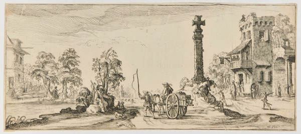 MAN DRIVING A CART BY A CROSS IN THE ROAD