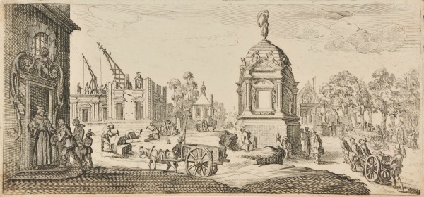 LARGE WATER FOUNTAIN WITH MEN WORKING ON A BUILDING IN BACKGROUND