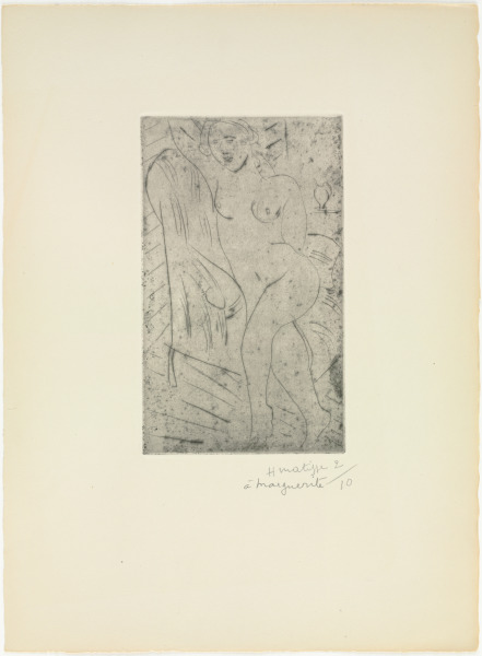 NUDE IN AN ARMCHAIR, LEGS CROSSED, LEFT ARM RAISED