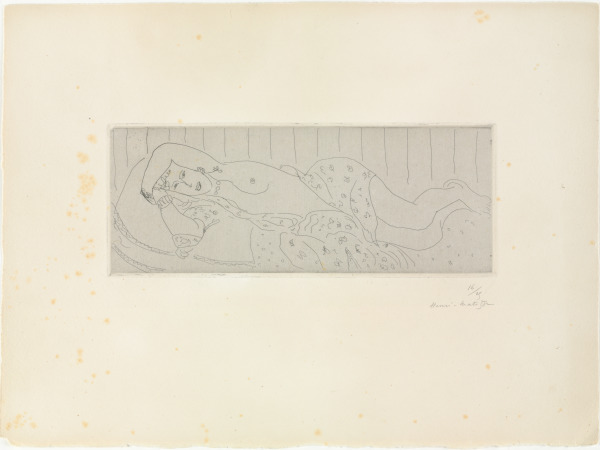 NUDE LYING DOWN, DRAPED WITH A FLOWERED FABRIC
