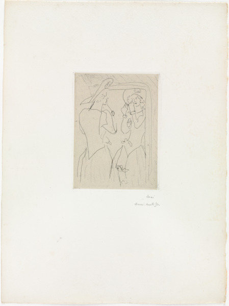 GIRL IN HAT BEFORE MIRROR