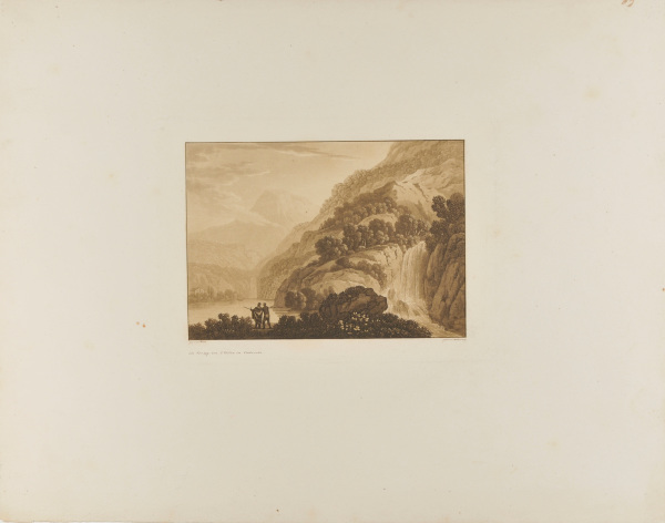 MOUNTAIN SCENE WITH WATERFALL TO RIGHT