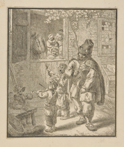 HURDY-GURDY PLAYER AND CHILDREN SINGING TO A FAMILY IN A HALF-DOOR