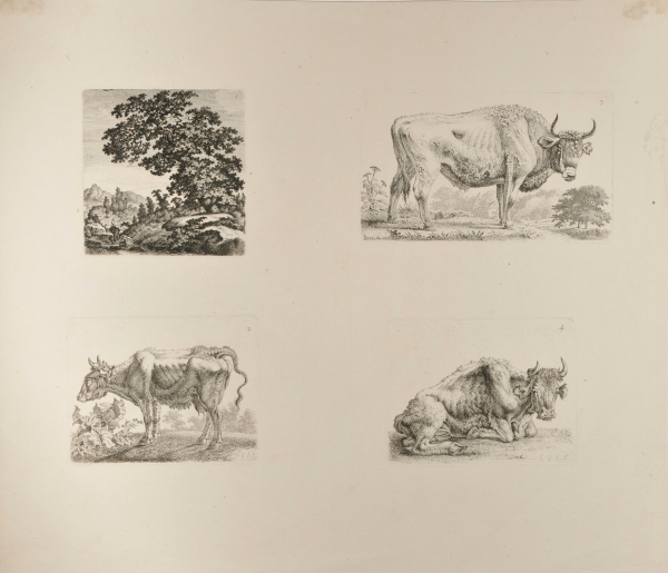 LANDSCAPE WITH LEANING OAK (UPPER LEFT); STANDING OX, FACING RIGHT (UPPER RIGHT); RESTING COW, FACING RIGHT (LOWER RIGHT); THIN STANDING COW, FACING LEFT (LOWER LEFT)