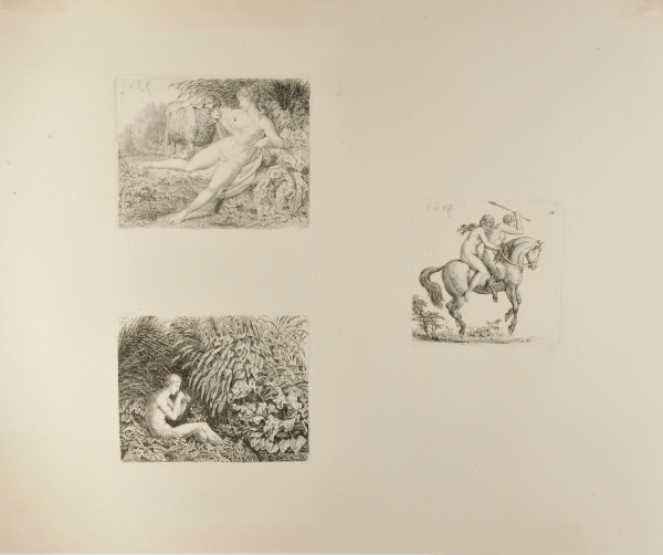 NUDE GIRL WITH LAMB (UPPER LEFT); NUDE SHEPHERD BOY WITH A FLUTE (LOWER LEFT); NYMPH AND SATYR ON A PRANCING HORSE (RIGHT)