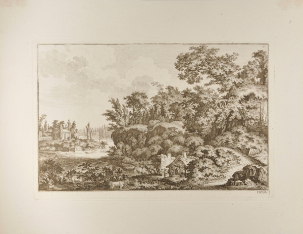 ARCADIAN LANDSCAPE WITH SMALL ROUND TEMPLE AT LEFT AND STAG ON A HILL AT RIGHT