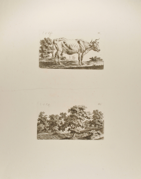 STANDING COW, FACING RIGHT (TOP); LANDSCAPE WITH TWO SILHOUETTED FIGURES (BOTTOM)