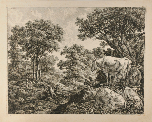 THREE RESTING COWS AND A STANDING COW ON A HILL