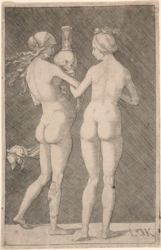 TWO NUDE WOMEN, ONE HOLDING A SKULL AND AN HOURGLASS