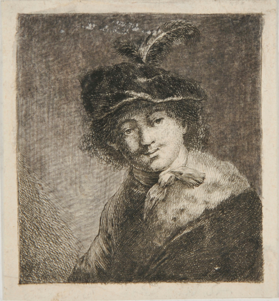 BUST OF A YOUNG MAN, WEARING CAP WITH TWO FEATHERS
