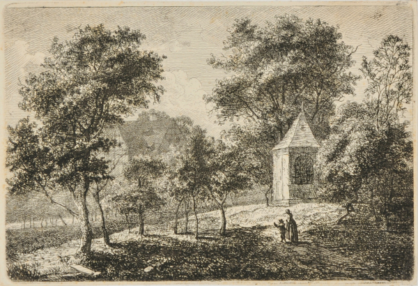 LANDSCAPE WITH WOMAN AND CHILD WALKING TOWARD SMALL PAVILLION